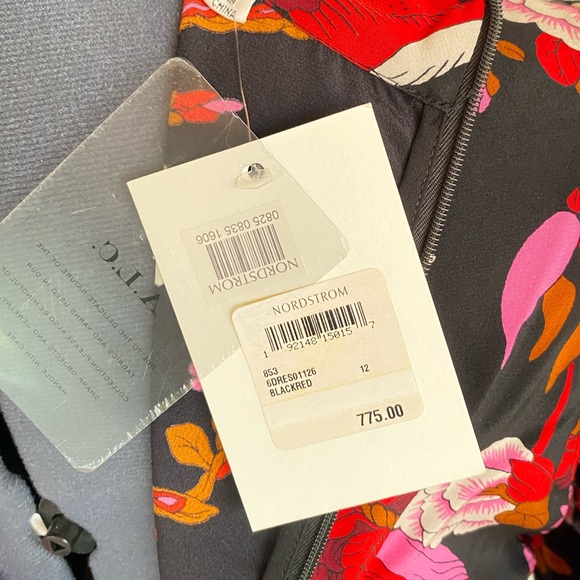 NEW A.L.C. Black Red Floral Print Marcel Mock Neck Ruched Stretch Silk Dress - Picture 8 of 10